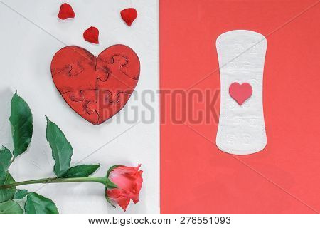 Intimate And Romantic Female Accessories On A Red White Background. Concept Of Female Hygiene And Be