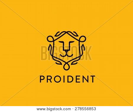 Lion Face Shield Vector Logo. Linear Animal Head Logotype.