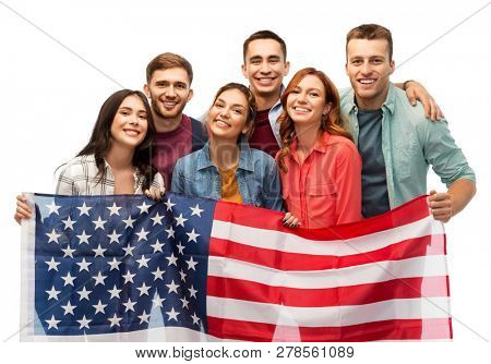 patriotism, citizenship and friendship concept - group of smiling friends with american flag over white background