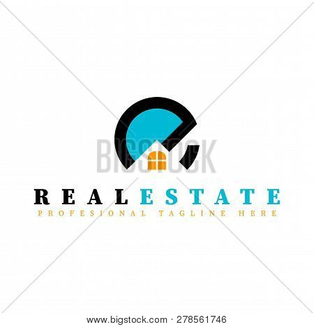 Vector Real Estate Initial Letter E Logo Design Template. Black, Orange And Blue Vector Icon. Illust