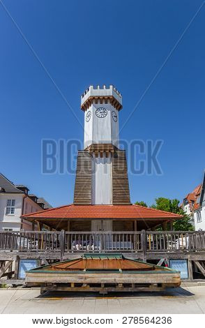 Bad Salzuflen, Germany - May 07, 2018: Front View Of The Clock Tower In Bad Salzuflen, Germany