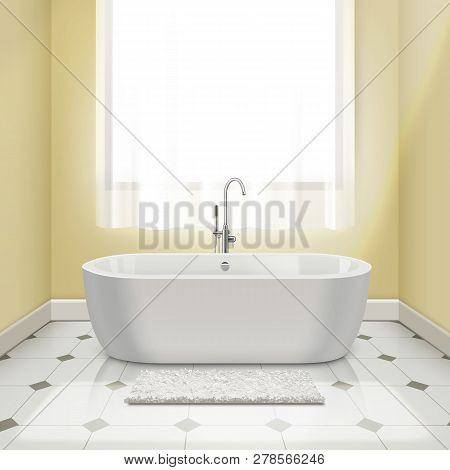 Modern White Bathtub In Interior. Vector Illustration Of Bath With Yellow Walls, Tiled Floor With A 