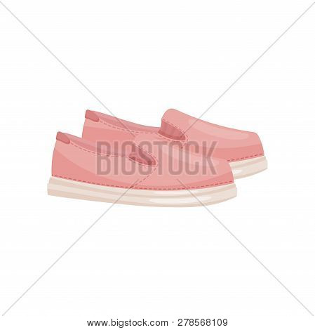 Pair Of Pink Female Slip-ons, Side View. Cute Shoes With Rubber Sole. Casual Women Footwear. Flat Ve