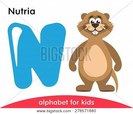Blue Letter N And Brown Nutria. English Alphabet With Animals. Cartoon Characters Isolated On White 