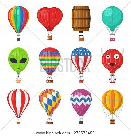 Aerostat Balloon Transport With Basket Set Isolated On White Background, Cartoon Air-balloon Differe