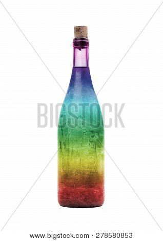 Old Bottle Of Wine In A Rainbow Colored Bottle, Covered In Dust, Isolated On White