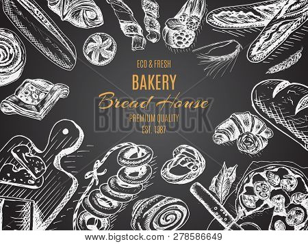 Vector Illustration Sketch. Bread, Loaf, Baguette, Focaccia, Pizza. Italian Bakery House.