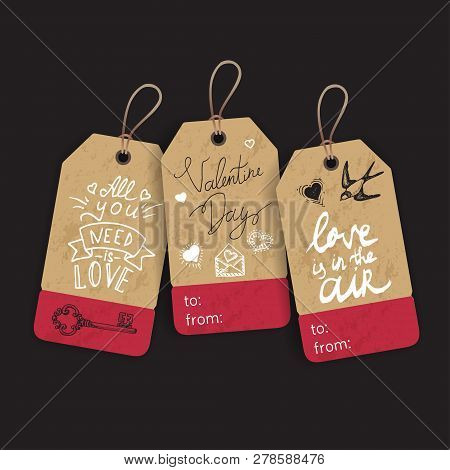 Stickers For A Gift For Valentines Day. V Day Gift Tags With Hand Drawing Elements. Vector Illustrat