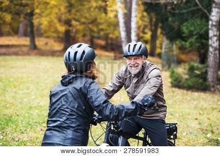 Active Senior Couple With Electrobikes Standing Outdoors On A Road In Nature.