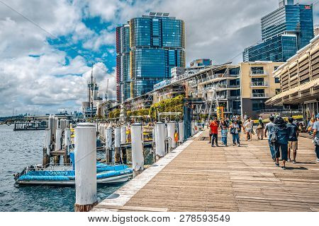 22nd December 2018, Sydney Australia: Streetview Of King Street Wharf With People And Modern Interna