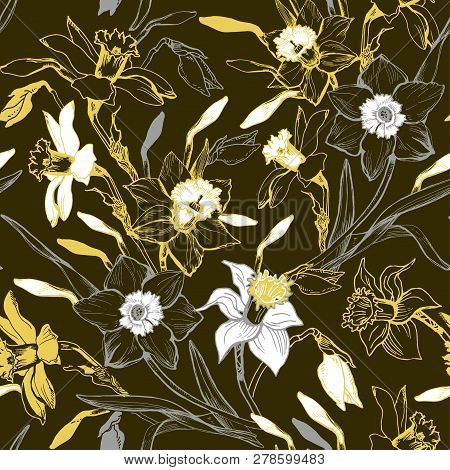 Monocrome Seamless Pattern With Hand Drawn Manual Graphic Flowers Daffodils. Elegant Floral Realisti