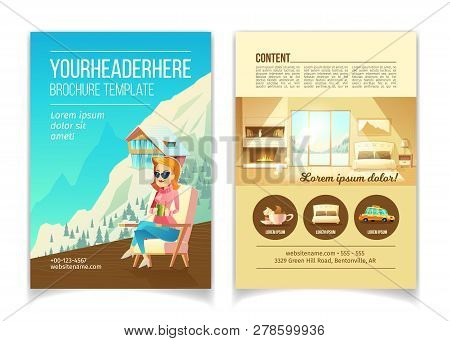 Ski Resort Luxury Hotel Cartoon Vector Advertising Brochure, Promo Booklet Template. Woman Sitting I