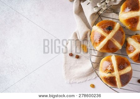 Easter Breakfast With Traditional Hot Cross Buns. Top View. Space For Text.