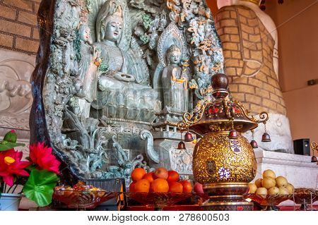 The Interior And Scenery Of The Buddhist Temple Of Hua Yan Or Huayan In The Chinese City Of Tumen, J