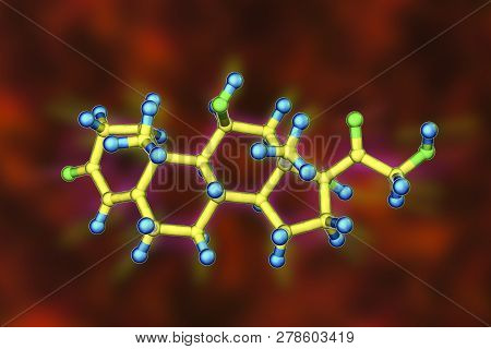 Molecule Of Cortisol Hormone, 3d Illustration. Cortisol Is A Steroid Hormone Of Glucocoticoid Class 