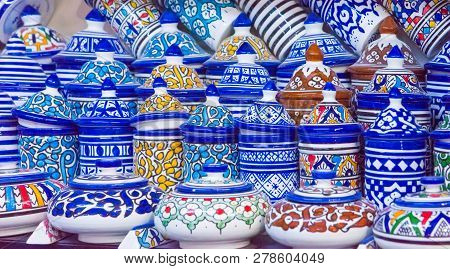 Traditional Ceramic Pottery On Morocco Bazaar, Marakesh