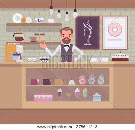 Confectionery Store, Shop With Sweet Assortment, Man Sells Sugary Food. Smiling Male Seller Welcomin