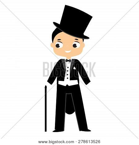 Elegant Fashion Boy Dressed In Tailcoat And Top Hat. Male In Historical Costume
