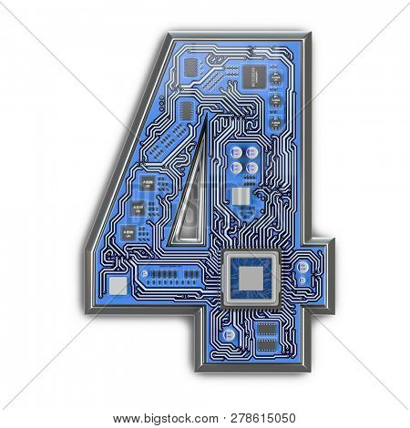 Number 4 four, Alphabet in circuit board style. Digital hi-tech letter isolated on white. 3d illustration