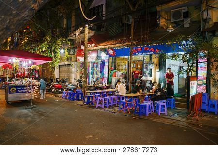Hanoi, Vietnam - December 07, 2018: Hanoi City Center Street Old Town District At Night