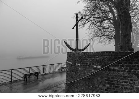 River Rhine In Fog At Historic Kaiserswerth, Düsseldorf, Germany,