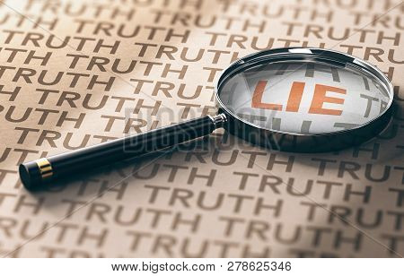 3d Illustration Of A Magnifying Glass With Focus On The Word Lie Over Kraft Paper Background, Privat