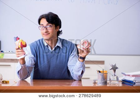 Young lecturer teacher teaching anatomy