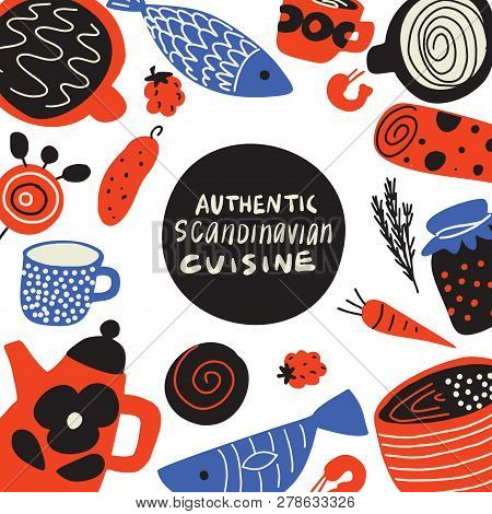 Authentical Scandinavian Cuisine. Hand Drawn Illustration Of Different Scandinavian Food. Menu Templ