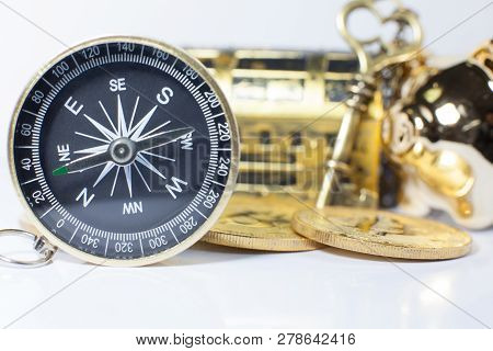 Golden Compass Guiding Business Investment, Stock, Money Trading In Right Direction To Wealth, Rich,