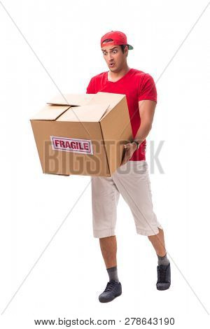 Handsome contractor holding fragile box isolated on white 