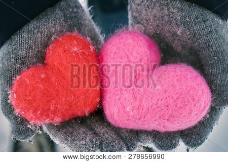 Hands In Wollen Gloves Holding Two Woolen Hearts Covered With Snowflakes
