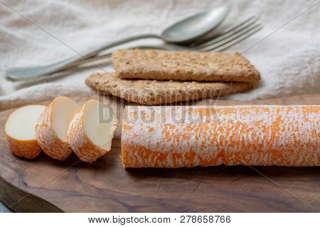 Fagotin Cheese With  Orange Coloured Rind Made From Cow Milk In Caves Of Maredsous Abbey, Belgium