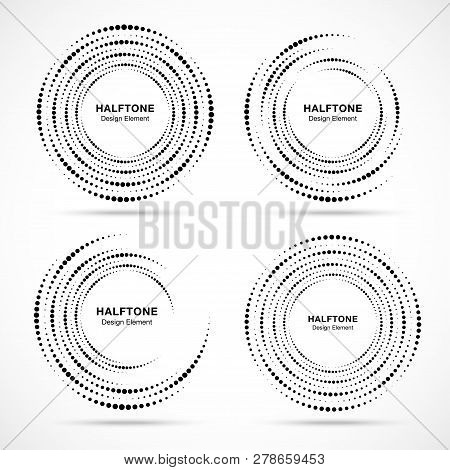 Halftone Circular Vortex Dotted Frame Set. Circle Swirl Dots Isolated On White Background. Logo Desi