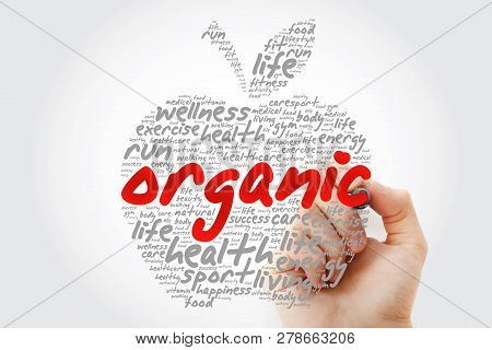 Organic Apple Word Cloud With Marker, Health Concept Background