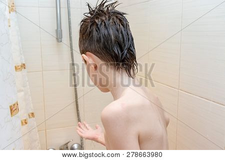 Hygienic Procedures And Healthy Habits Of A Preteen Boy - Taking Shower And Washing Hair With Shampo