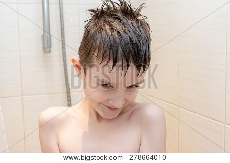 Hygienic Procedures And Healthy Habits Of A Preteen Boy - Taking Shower And Washing Hair With Shampo