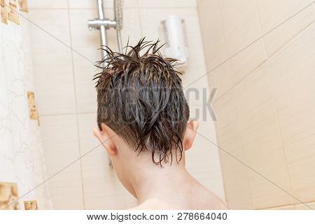 Hygienic Procedures And Healthy Habits Of A Preteen Boy - Taking Shower And Washing Hair With Shampo