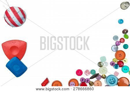 Set Of Sewing Accessories On The White Isolated Background. Copyspace Frame