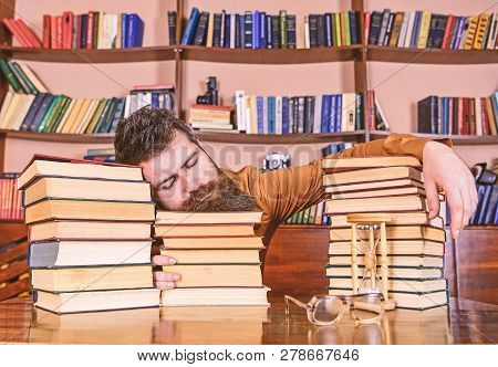 Overstudied Concept. Teacher Or Student With Beard Fall Asleep On Books, Defocused. Man On Sleeping 