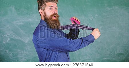 School Stationery. Man Scruffy Use Stapler Dangerous Way. Hipster Teacher Formal Wear Necktie Holds 