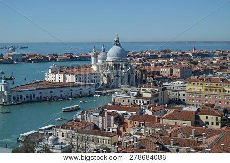 Aerial Views From The Bell Tower Campanille Of The Health Basilica Of Venice. Travel, Holidays, Arch