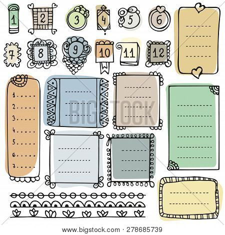 Bullet Journal Hand Drawn Vector Elements For Notebook, Diary And Planner. Doodle Frames Set Isolate