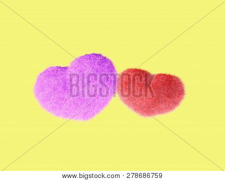 Fluffy Heart. Fur Plush Heart. Heart Shape Red Fluffy Soft Pillow Or Cushion For Valentines Day Or W