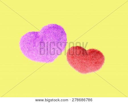 Fluffy Heart. Fur Plush Heart. Heart Shape Red Fluffy Soft Pillow Or Cushion For Valentines Day Or W