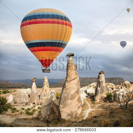 Hot air balloon flying over Cappadocia, Turkey