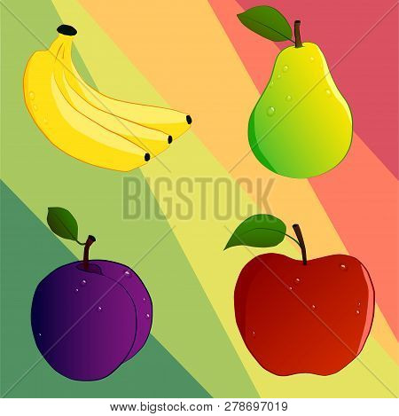 Set Of Four Fresh Fruit. Vector Illustration