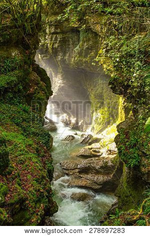Amazing View On Waterfall In The Picturesque Famous Martvili Canyon In Georgia Near Kutaisi. Beautif