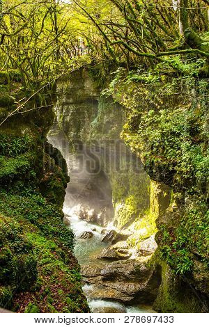 Amazing View On Waterfall In The Picturesque Famous Martvili Canyon In Georgia Near Kutaisi. Beautif