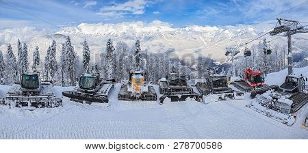 Sochi, Russia - January 9, 2015: Ski Slopes In Gorky Gorod Winter Ski Mountain Resort Are Maintained