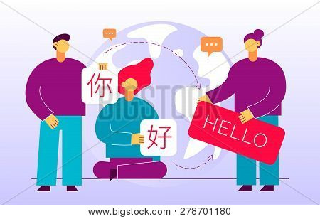 Vector Flat Translation Design Concept Of  Big Modern People, Holding Cards With Word Hello In Chine